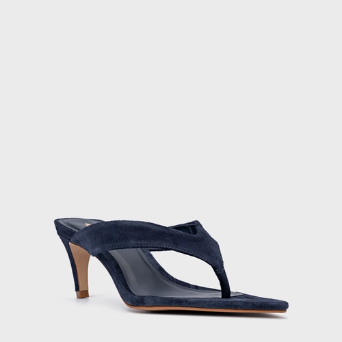 Open Mule Thong Everyday Salto Fino Couro Suede Azul Navy