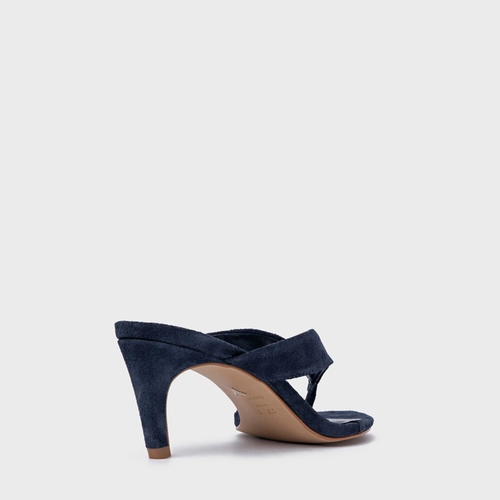 Open Mule Thong Everyday Salto Fino Couro Suede Azul Navy