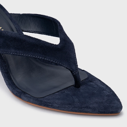 Open Mule Thong Everyday Salto Fino Couro Suede Azul Navy
