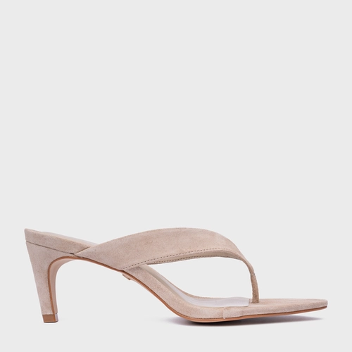 Open Mule Thong Everyday Salto Fino Couro Suede Bege Oatmeal