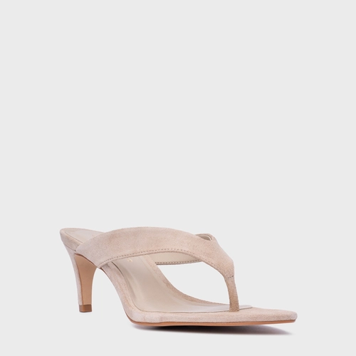 Open Mule Thong Everyday Salto Fino Couro Suede Bege Oatmeal
