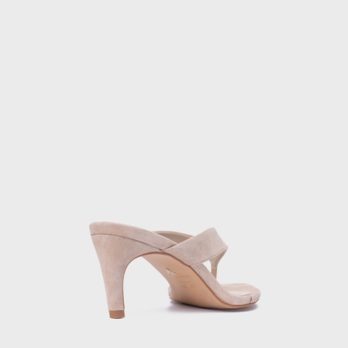 Open Mule Thong Everyday Salto Fino Couro Suede Bege Oatmeal