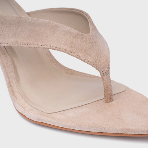 Open Mule Thong Everyday Salto Fino Couro Suede Bege Oatmeal