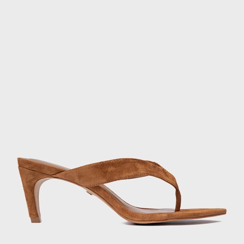 Open Mule Thong Everyday Salto Fino Couro Suede Marrom Saddle