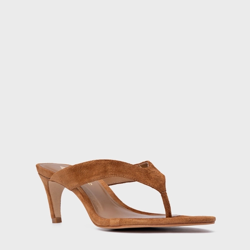 Open Mule Thong Everyday Salto Fino Couro Suede Marrom Saddle