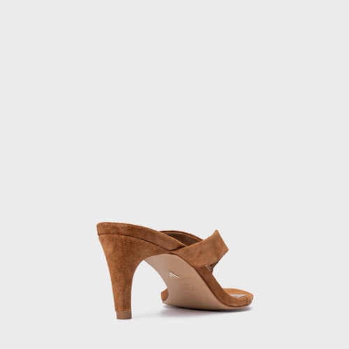 Open Mule Thong Everyday Salto Fino Couro Suede Marrom Saddle