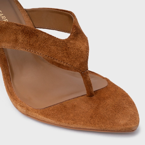 Open Mule Thong Everyday Salto Fino Couro Suede Marrom Saddle