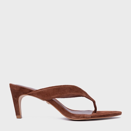 Open Mule Thong Everyday Salto Fino Couro Suede Marrom Walnut