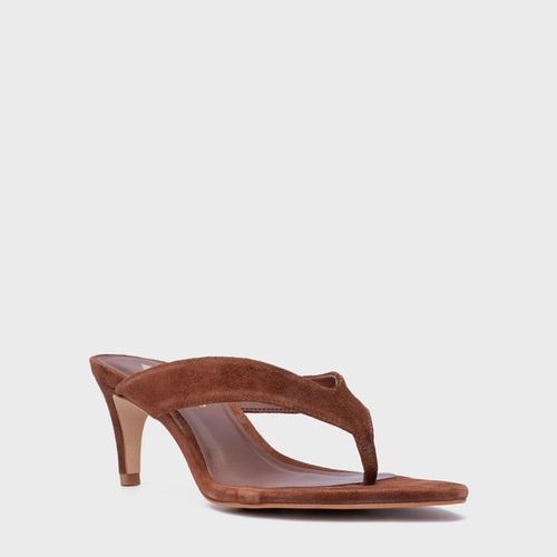 Open Mule Thong Everyday Salto Fino Couro Suede Marrom Walnut