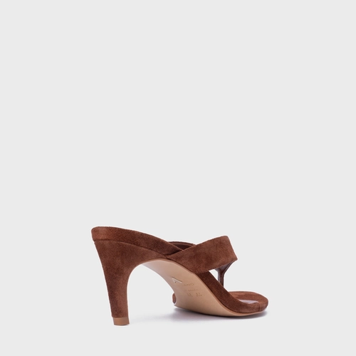 Open Mule Thong Everyday Salto Fino Couro Suede Marrom Walnut