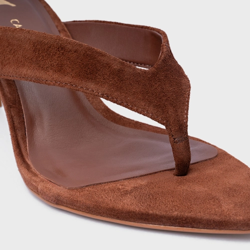 Open Mule Thong Everyday Salto Fino Couro Suede Marrom Walnut