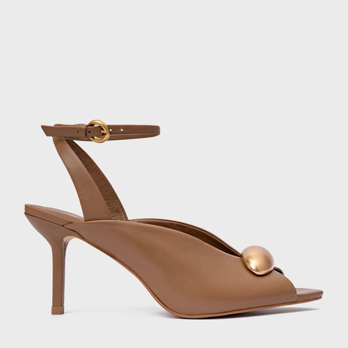 Sandália Gold Drop Salto Fino Couro Marrom Gingerbread