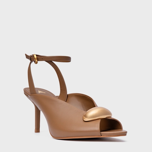 Sandália Gold Drop Salto Fino Couro Marrom Gingerbread