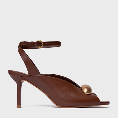 Sandália Gold Drop Salto Fino Couro Marrom Walnut