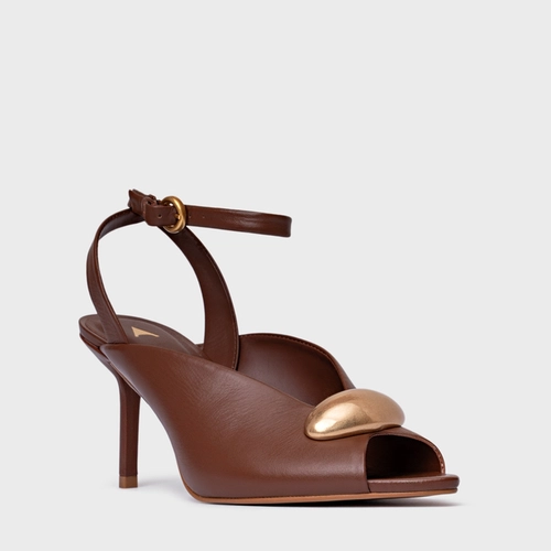 Sandália Gold Drop Salto Fino Couro Marrom Walnut