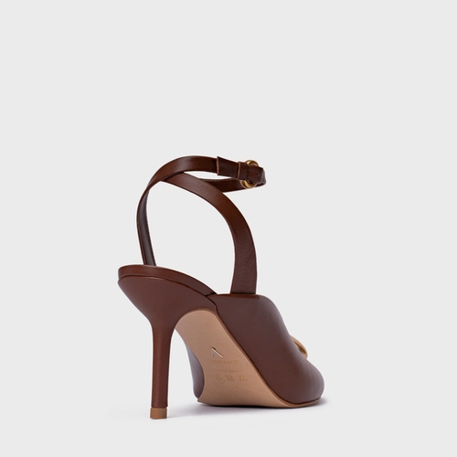 Sandália Gold Drop Salto Fino Couro Marrom Walnut