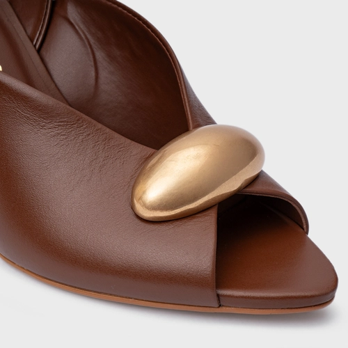 Sandália Gold Drop Salto Fino Couro Marrom Walnut
