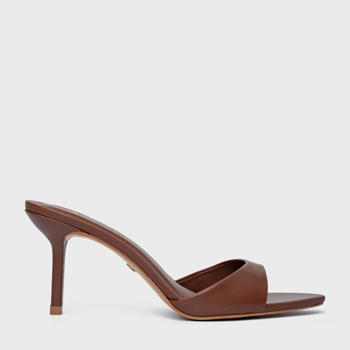 Open Mule Basic Salto Fino Couro Marrom Walnut
