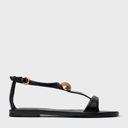 Sandália Rasteira Gold Drop Couro Preto