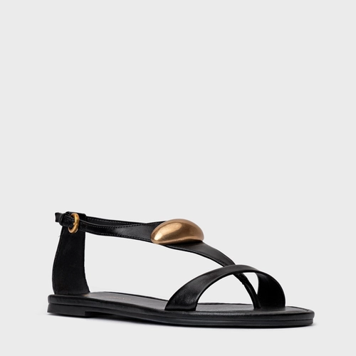 Sandália Rasteira Gold Drop Couro Preto