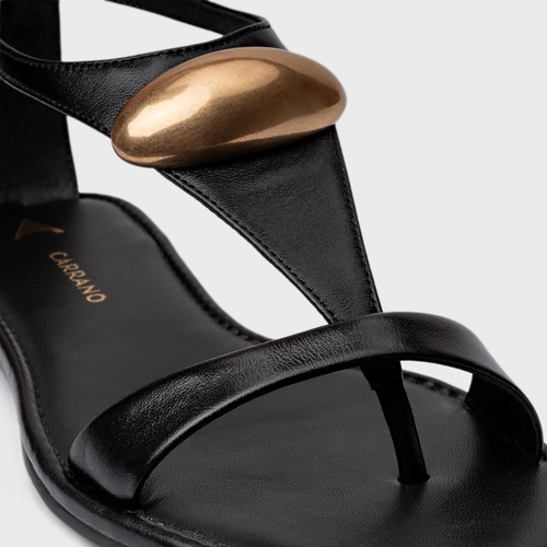 Sandália Rasteira Gold Drop Couro Preto