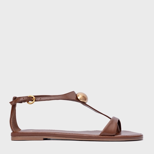 Sandália Rasteira Gold Drop Couro Marrom Walnut
