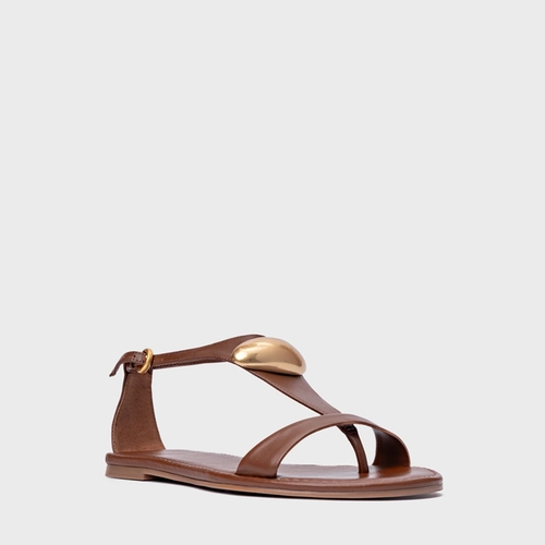 Sandália Rasteira Gold Drop Couro Marrom Walnut