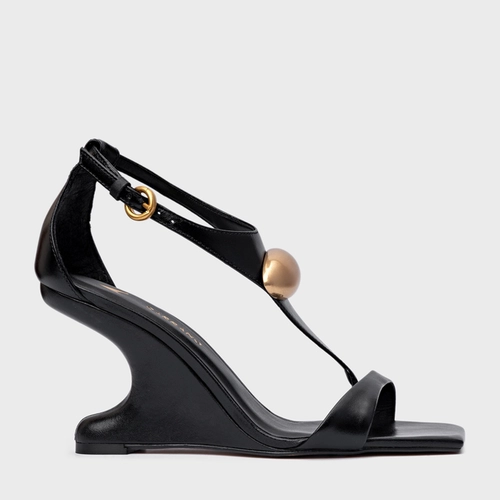 Sandália Gold Drop Anabela Curve Couro Preto