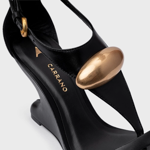 Sandália Gold Drop Anabela Curve Couro Preto