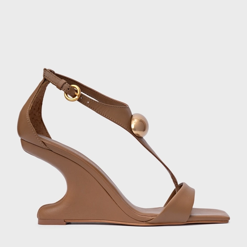 Sandália Gold Drop Anabela Curve Couro Marrom Gingerbread