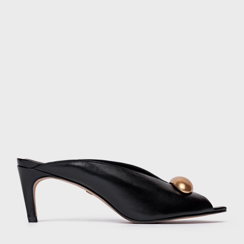 Open Mule Gold Drop Salto Fino Couro Preto