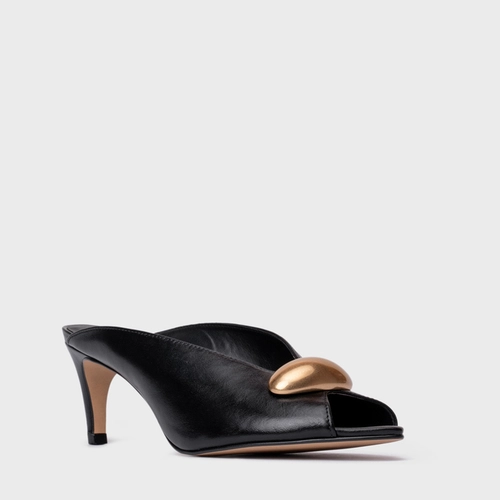 Open Mule Gold Drop Salto Fino Couro Preto