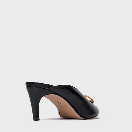 Open Mule Gold Drop Salto Fino Couro Preto