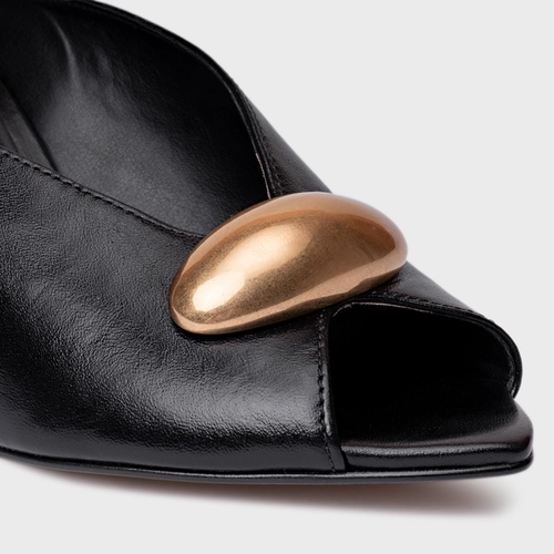 Open Mule Gold Drop Salto Fino Couro Preto