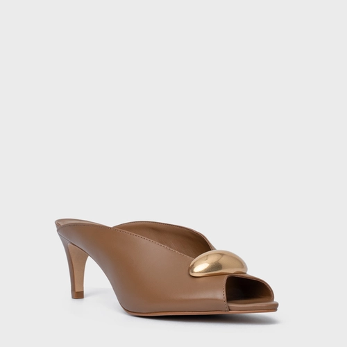 Open Mule Gold Drop Salto Fino Couro Marrom Gingerbread