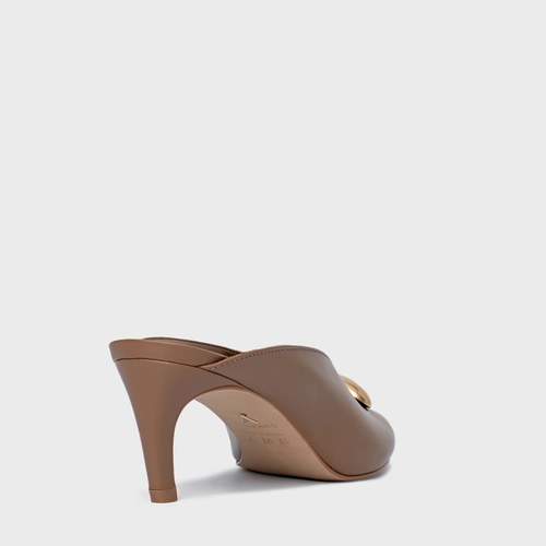 Open Mule Gold Drop Salto Fino Couro Marrom Gingerbread