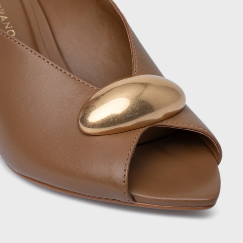Open Mule Gold Drop Salto Fino Couro Marrom Gingerbread
