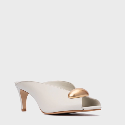 Open Mule Gold Drop Salto Fino Couro Off White Osso