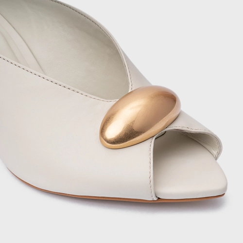 Open Mule Gold Drop Salto Fino Couro Off White Osso