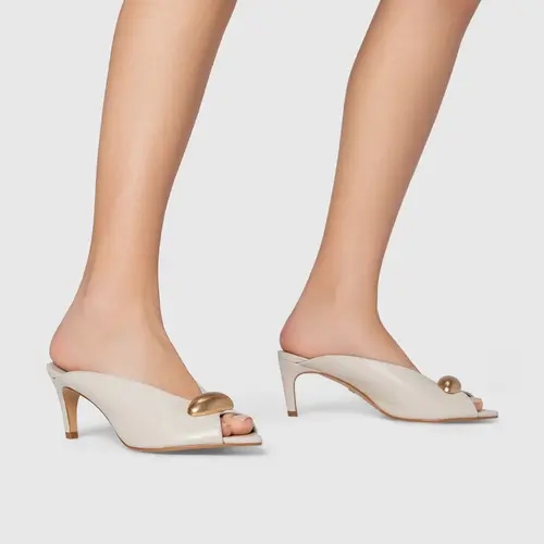 Open Mule Gold Drop Salto Fino Couro Off White Osso