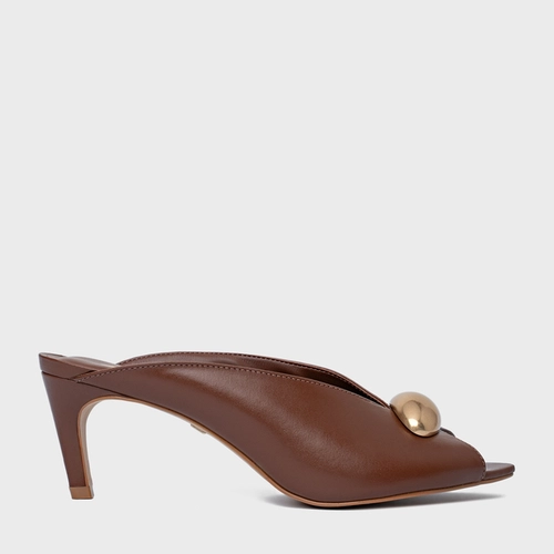 Open Mule Gold Drop Salto Fino Couro Marrom Walnut