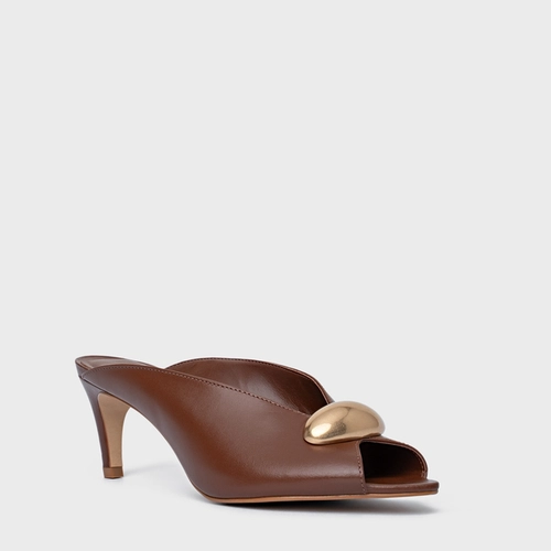 Open Mule Gold Drop Salto Fino Couro Marrom Walnut