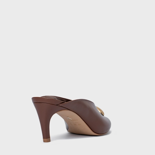 Open Mule Gold Drop Salto Fino Couro Marrom Walnut