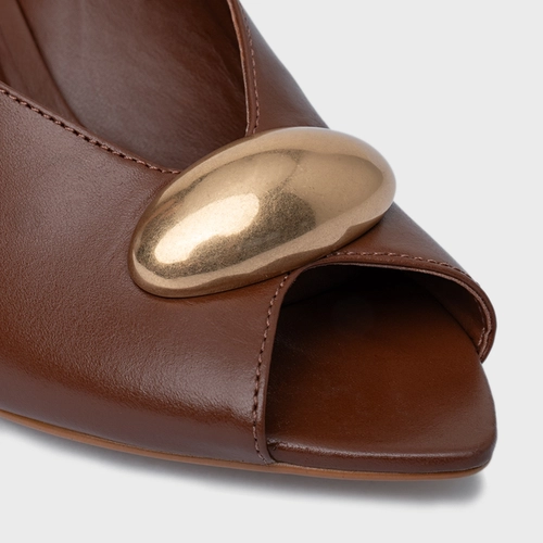 Open Mule Gold Drop Salto Fino Couro Marrom Walnut