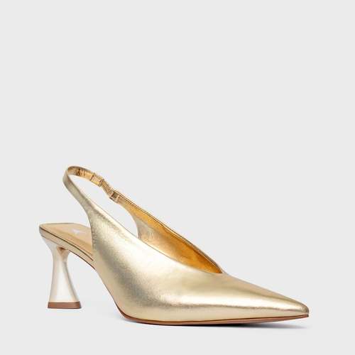 Scarpin Slingback Basic Salto Allure Médio Couro Metalizado Dourado