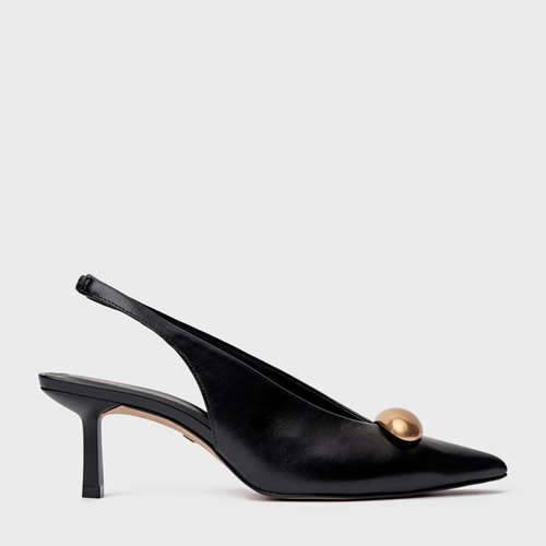 Scarpin Slingback Gold Drop Salto Fino Couro Preto