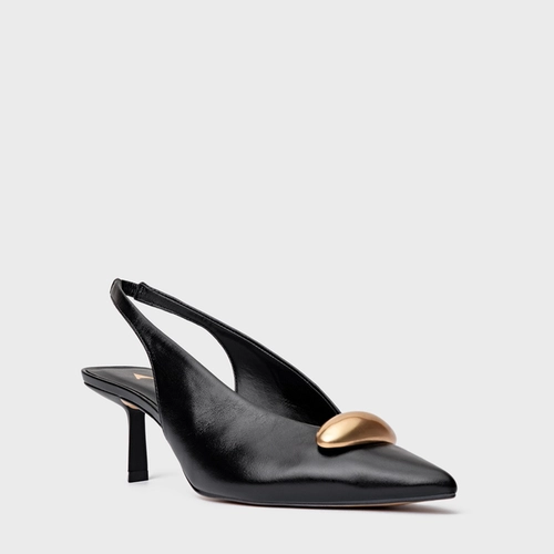 Scarpin Slingback Gold Drop Salto Fino Couro Preto