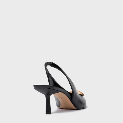 Scarpin Slingback Gold Drop Salto Fino Couro Preto