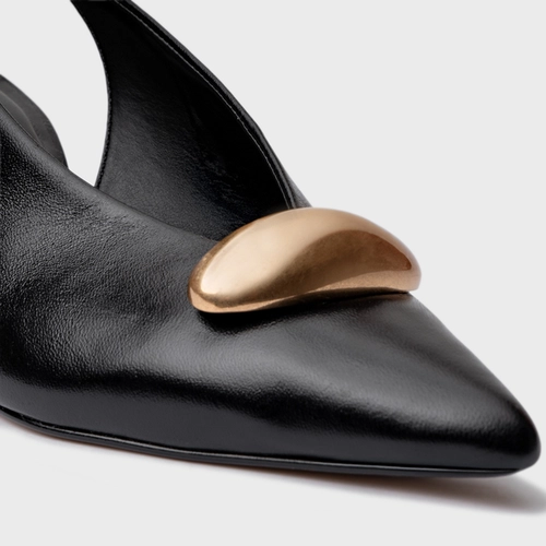 Scarpin Slingback Gold Drop Salto Fino Couro Preto