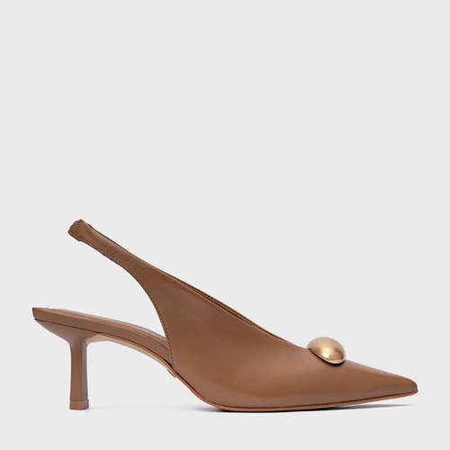 Scarpin Slingback Gold Drop Salto Fino Couro Marrom Gingerbread